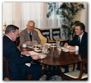 Hobby with Gov. Bill Clements and Speaker Gib Lewis at one of their weekly breakfasts during the legislative session, c. 1988. Photograph by Bill Malone, governor’s office. 